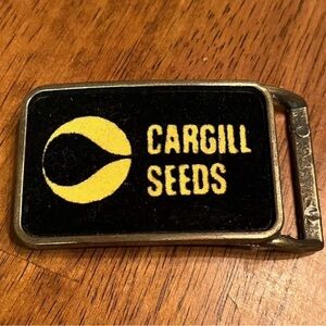Vintage 1970’s Cargill Seeds advertisement belt buckle, pewter and black velvet